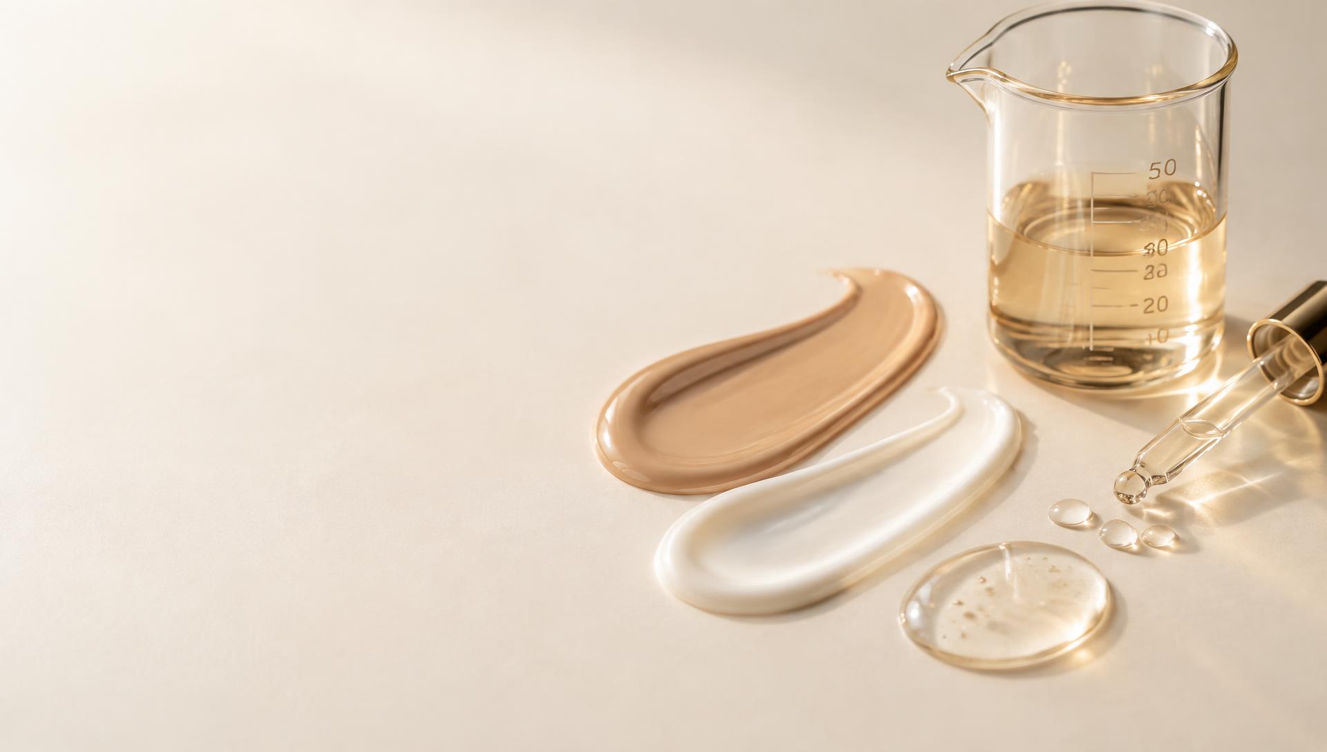 Foundation, cream and gel textures beside laboratory glassware