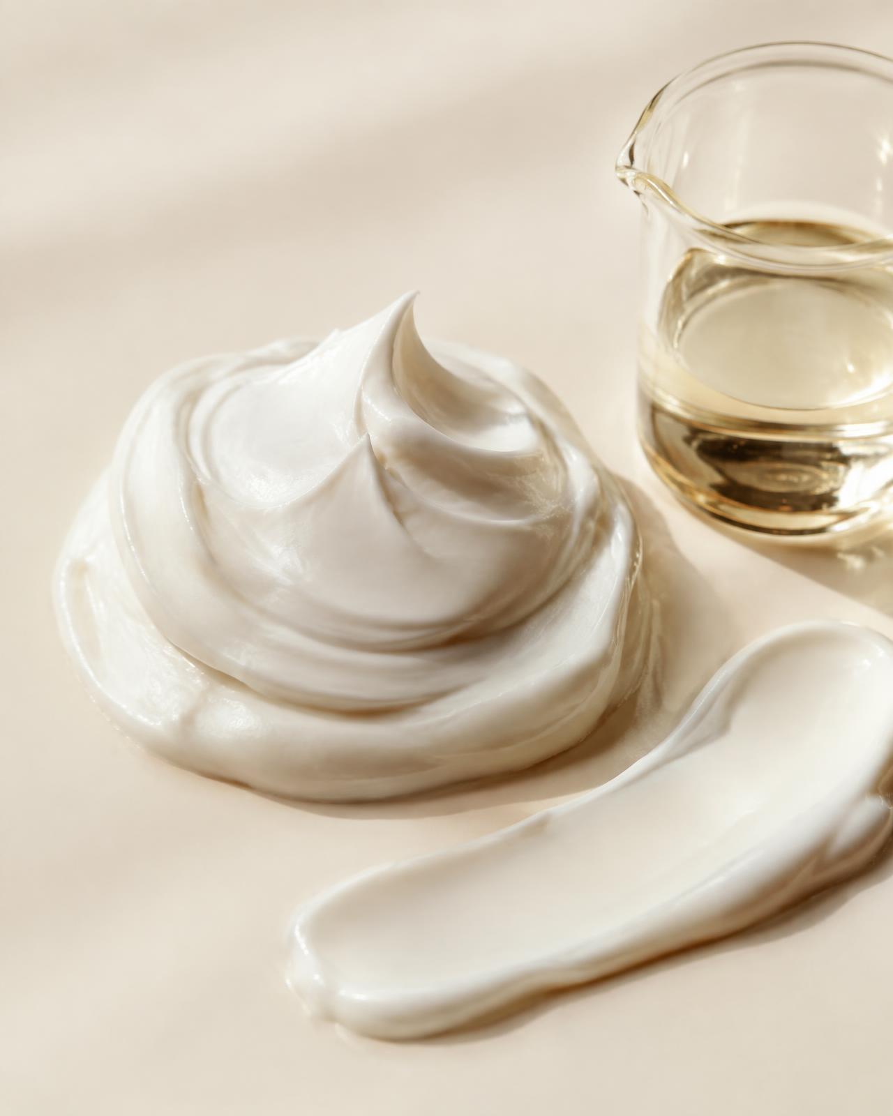 A swirl of white cream beside a small glass beaker of oil